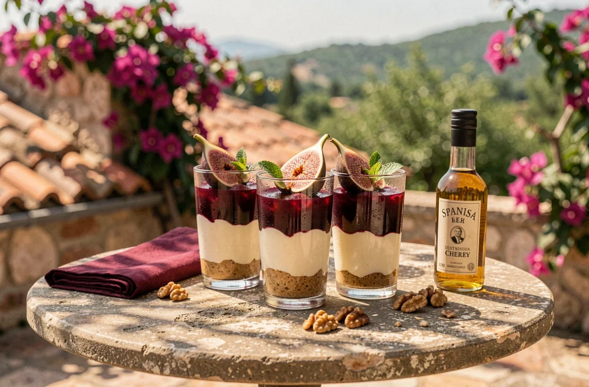 Verres de tarta de queso sans cuisson avec compote de fruits rouges et figues fraîches sur une terrasse en pierre espagnole