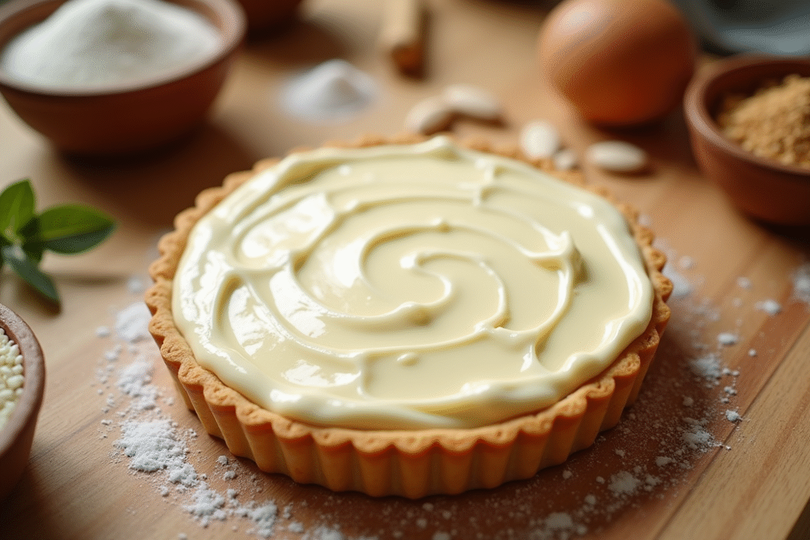 Tarte aux amandes fraîchement cuite vue de dessus