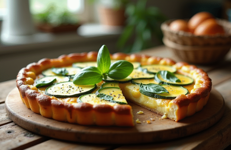 Tarte maison à la courgette et chèvre sur table en bois