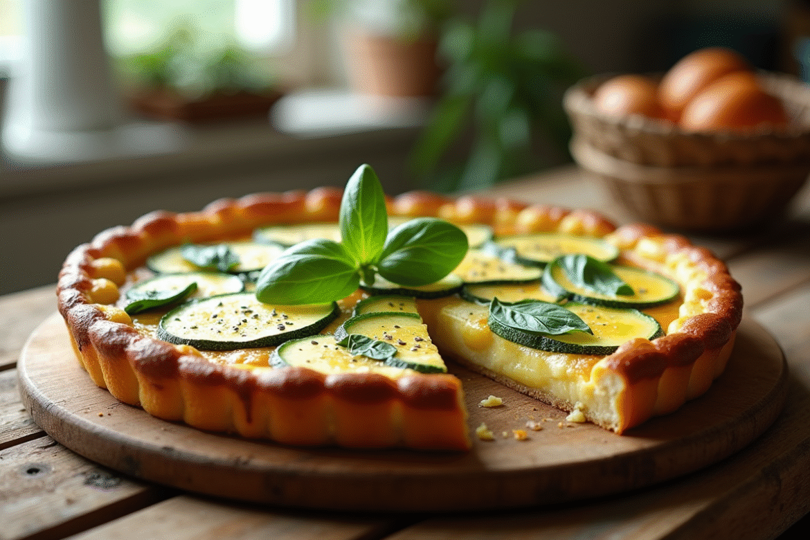 Tarte maison à la courgette et chèvre sur table en bois