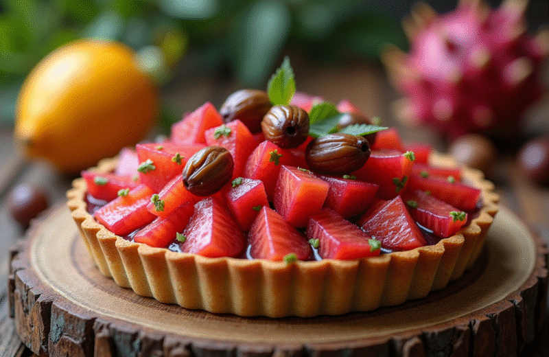 Tarte aux fruits dragons et dattes sur table ensoleillée