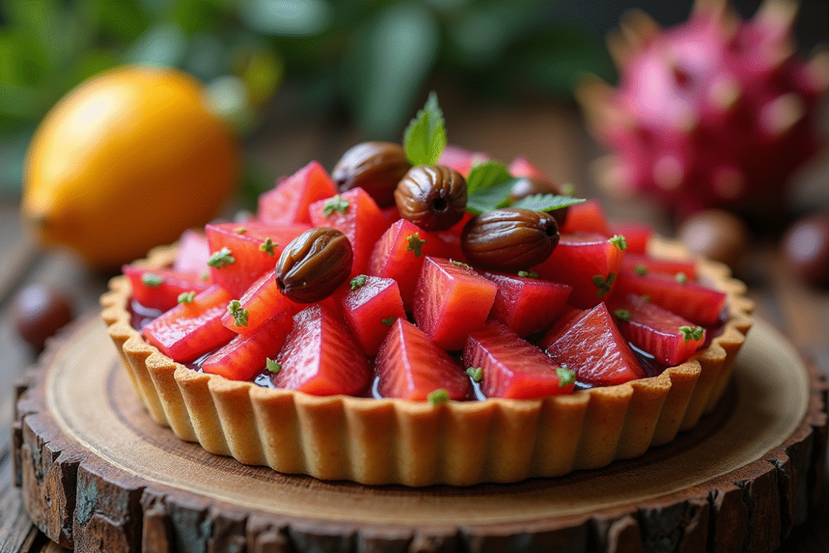 Tarte aux fruits dragons et dattes sur table ensoleillée