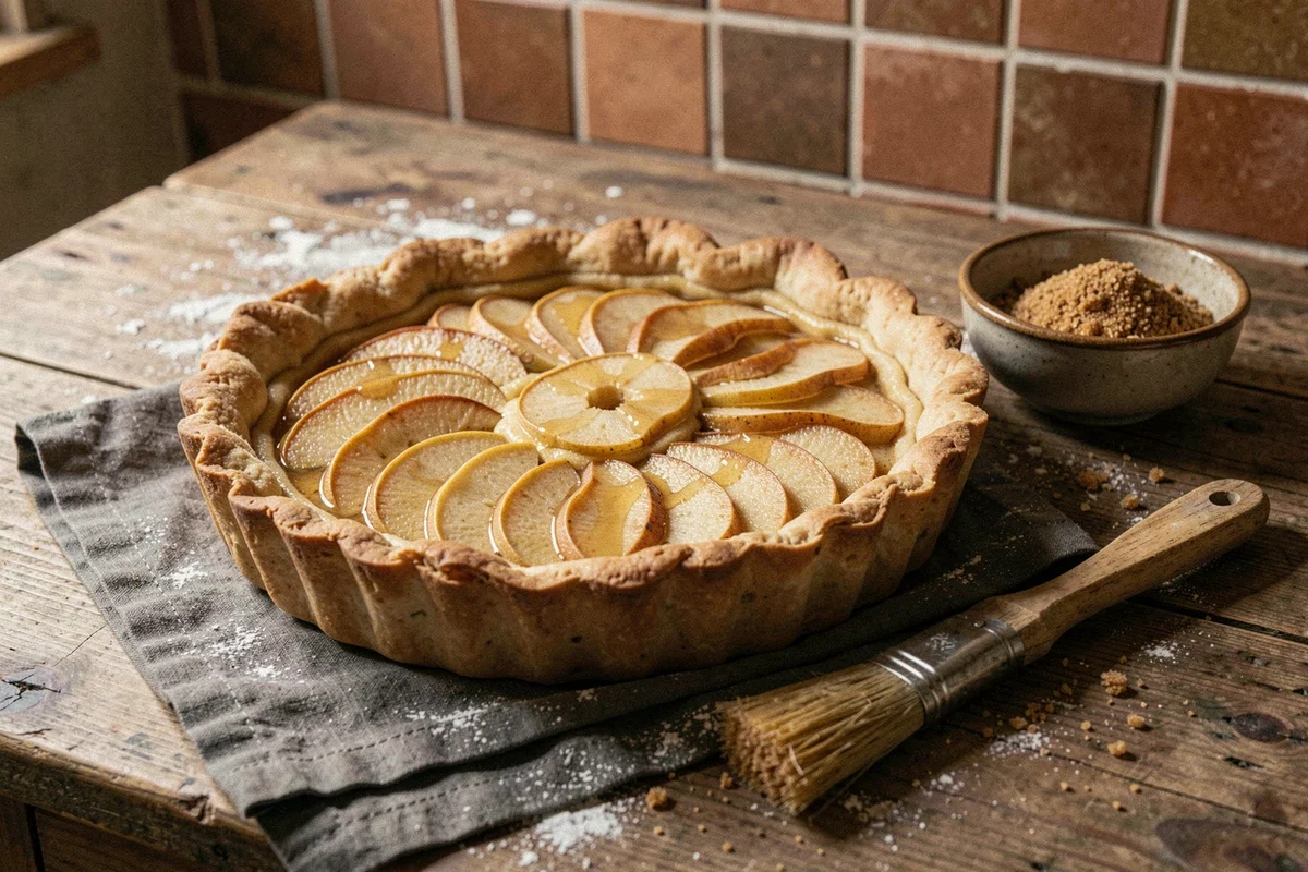 Tarte aux poires maison rustique sur table en bois avec sucre glace et pinceau de cuisine