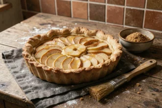 Tarte aux poires maison rustique sur table en bois avec sucre glace et pinceau de cuisine
