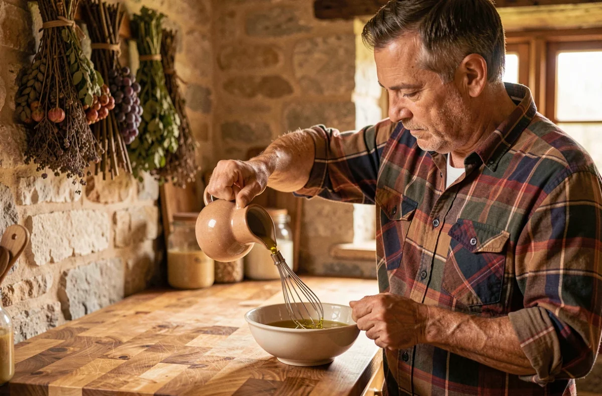 Homme versant un filet d'huile d'olive dans un bol pour réaliser une mayonnaise au fouet dans une cuisine rustique en pierre