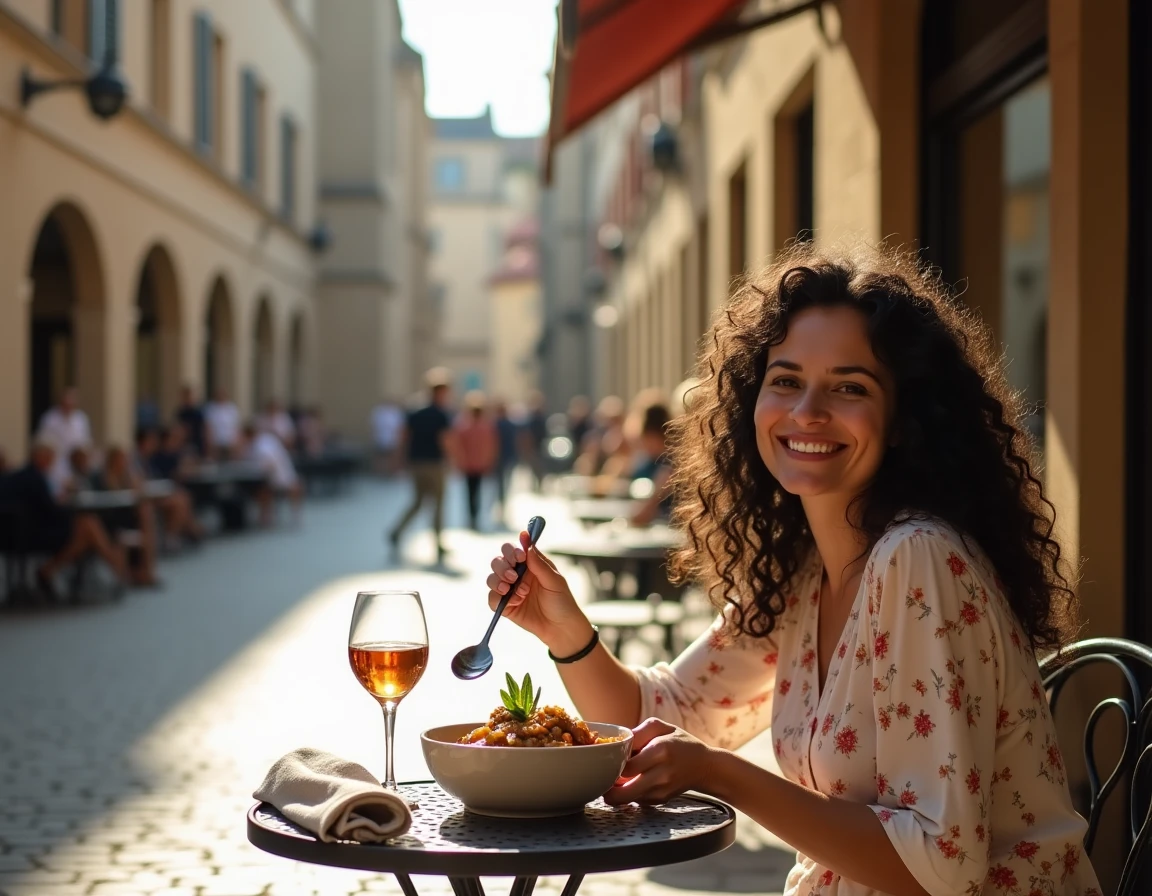 Terrasse ensoleillée d'un bistro typique sur la place Notre-Dame de Villefranche-de-Rouergue avec une femme dégustant un plat local