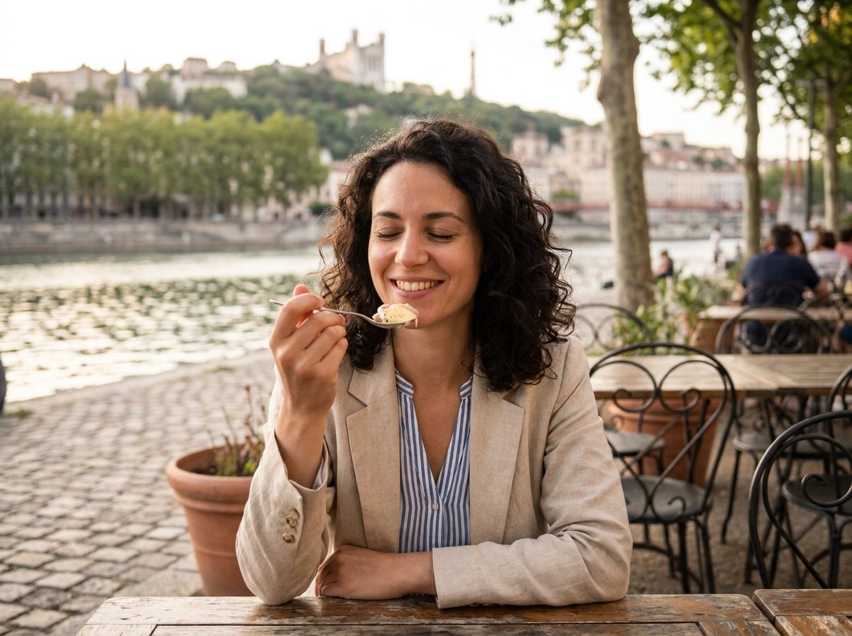 Femme dégustant un dessert en terrasse au bord de la Saône avec vue sur la basilique de Fourvière à Lyon
