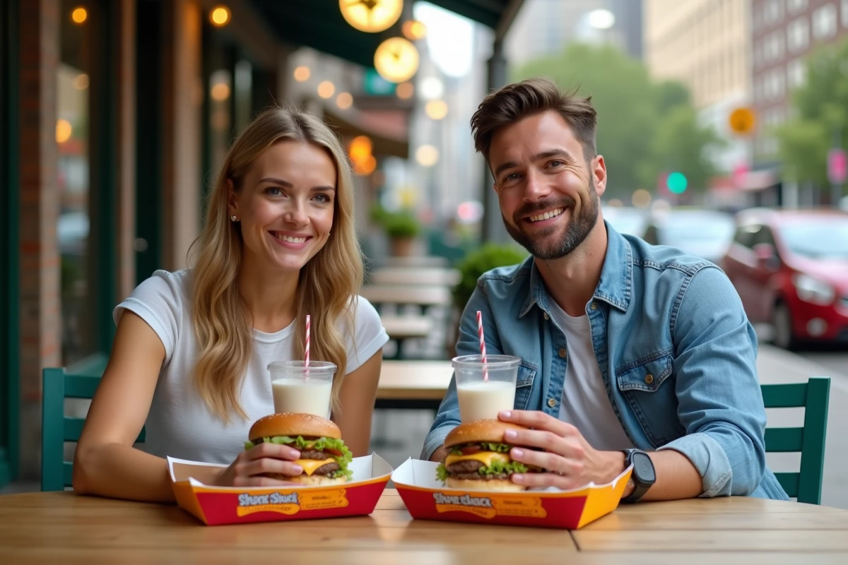 Couple profitant d'un repas tranquille en terrasse Shake Shack en dehors des heures de pointe