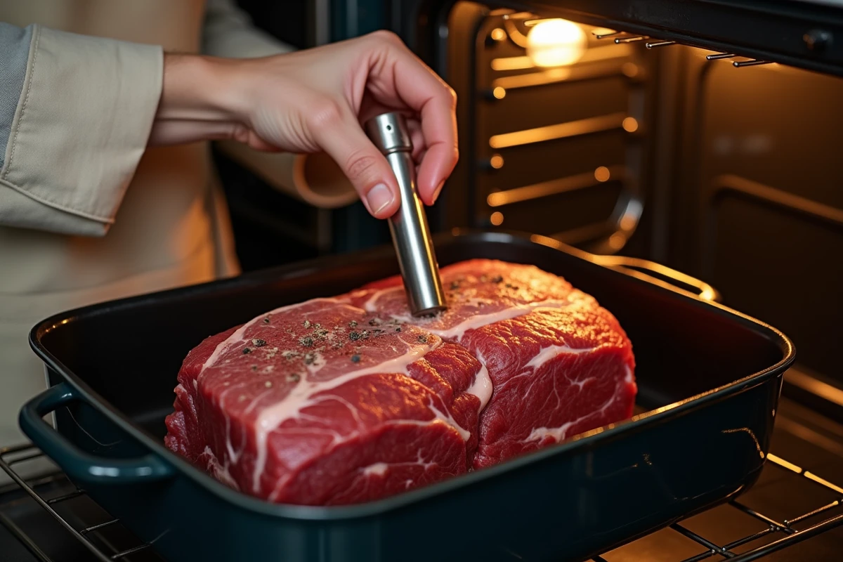 Cuisinier amateur insérant un thermomètre à viande dans un rôti de bœuf cru avant cuisson au four