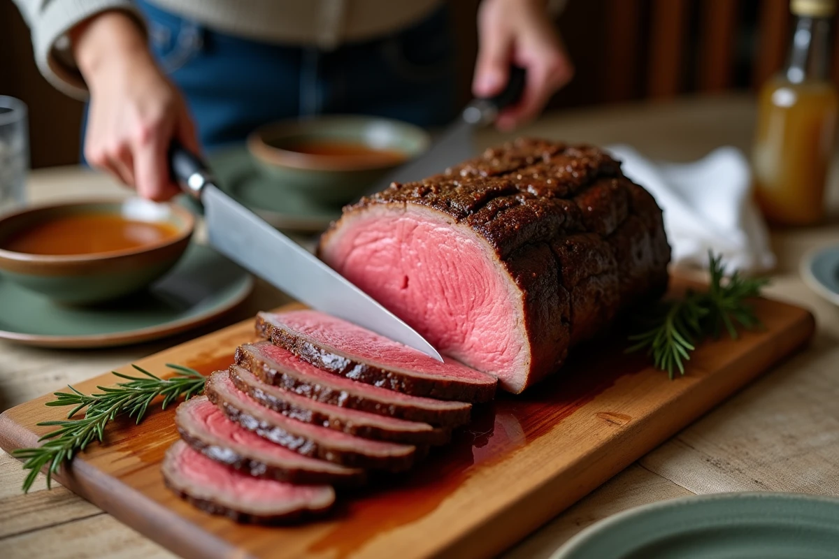 Tranchage d'un rôti de bœuf rosé et juteux sur une planche en bois lors d'un repas en famille