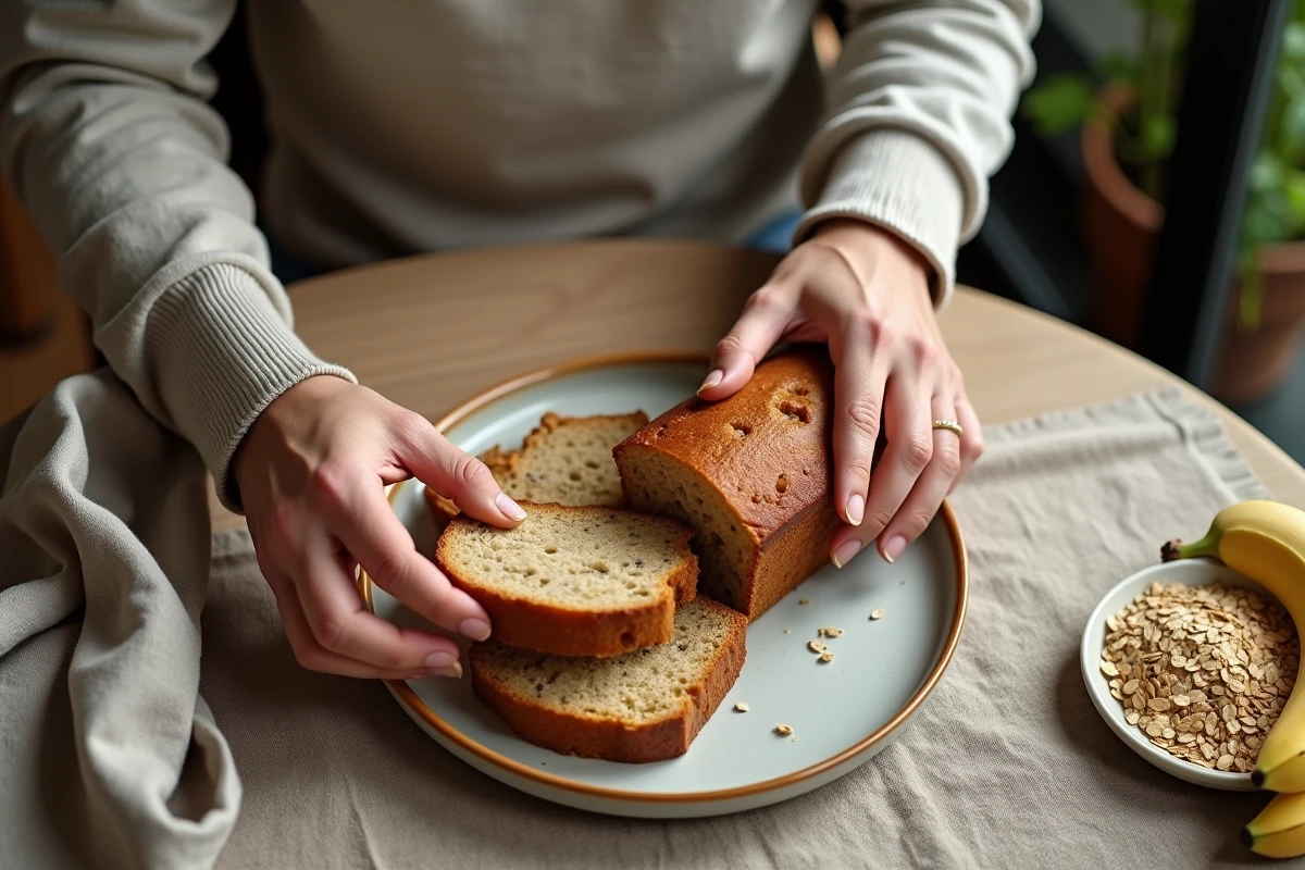Tranche de pain à la banane sur assiette en céramique
