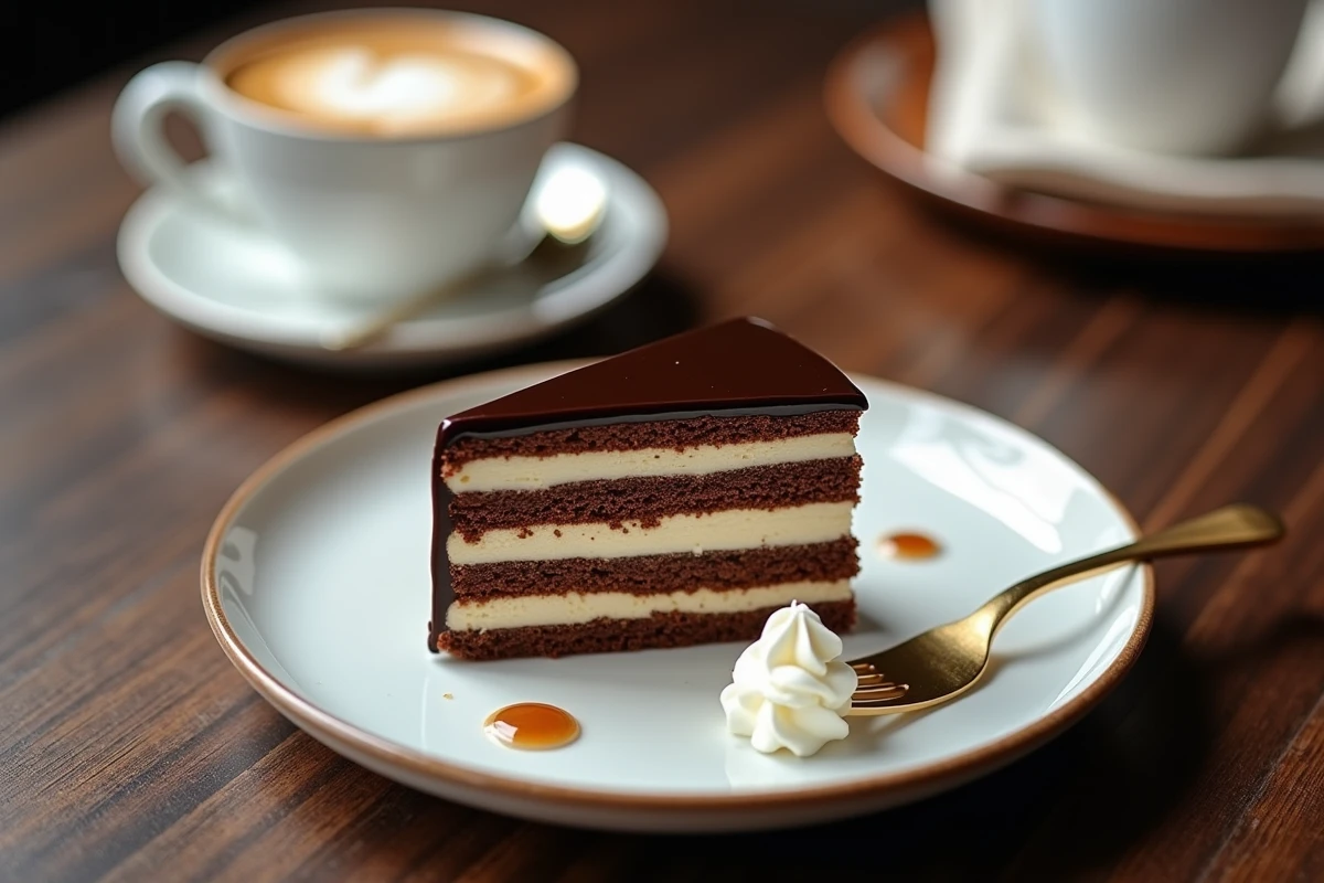 Tranche individuelle de gâteau opéra sur assiette en porcelaine blanche avec un expresso, révélant les couches alternées de ganache chocolat, crème au beurre café et biscuit joconde