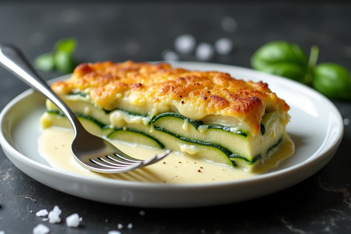 Tranche de gratin de courgettes en gros plan révélant les couches de béchamel, courgettes fondantes et fromage gratiné sur une assiette blanche