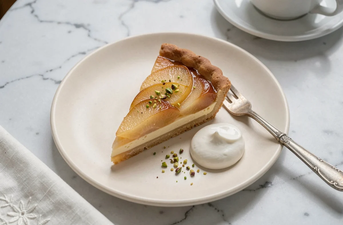 Tranche de tarte aux poires avec crème fraîche et pistaches sur assiette céramique vue de dessus