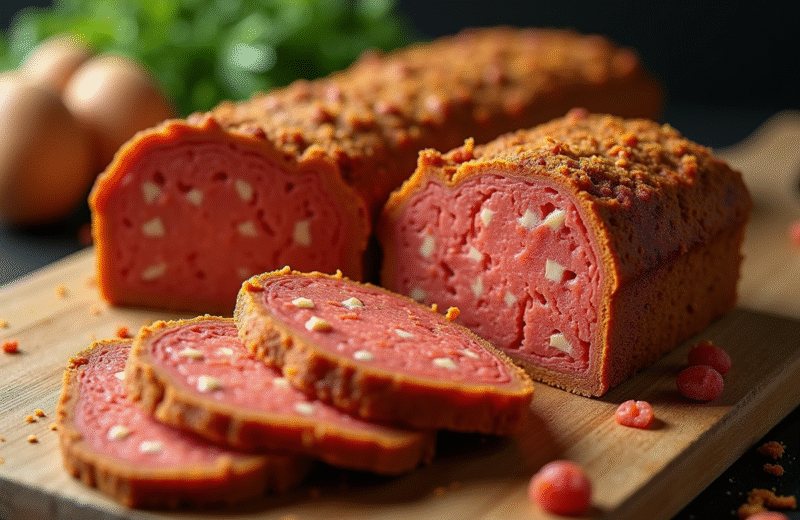 Tranche de gâteau au chorizo frais sur une planche en bois