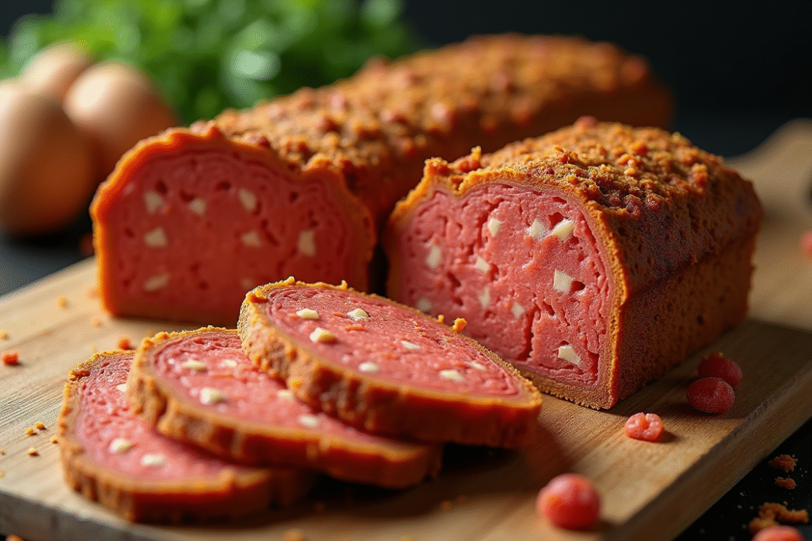 Tranche de gâteau au chorizo frais sur une planche en bois
