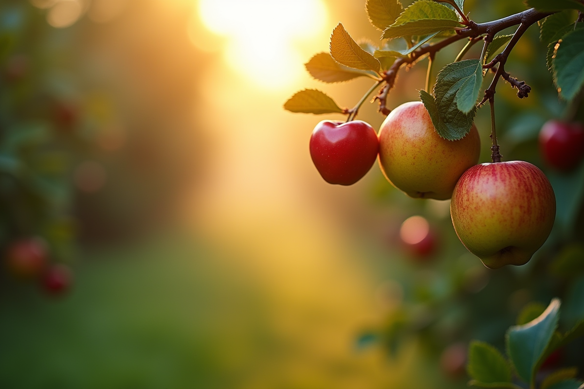 Verger au lever du soleil avec des fruits mûrs suspendus aux branches