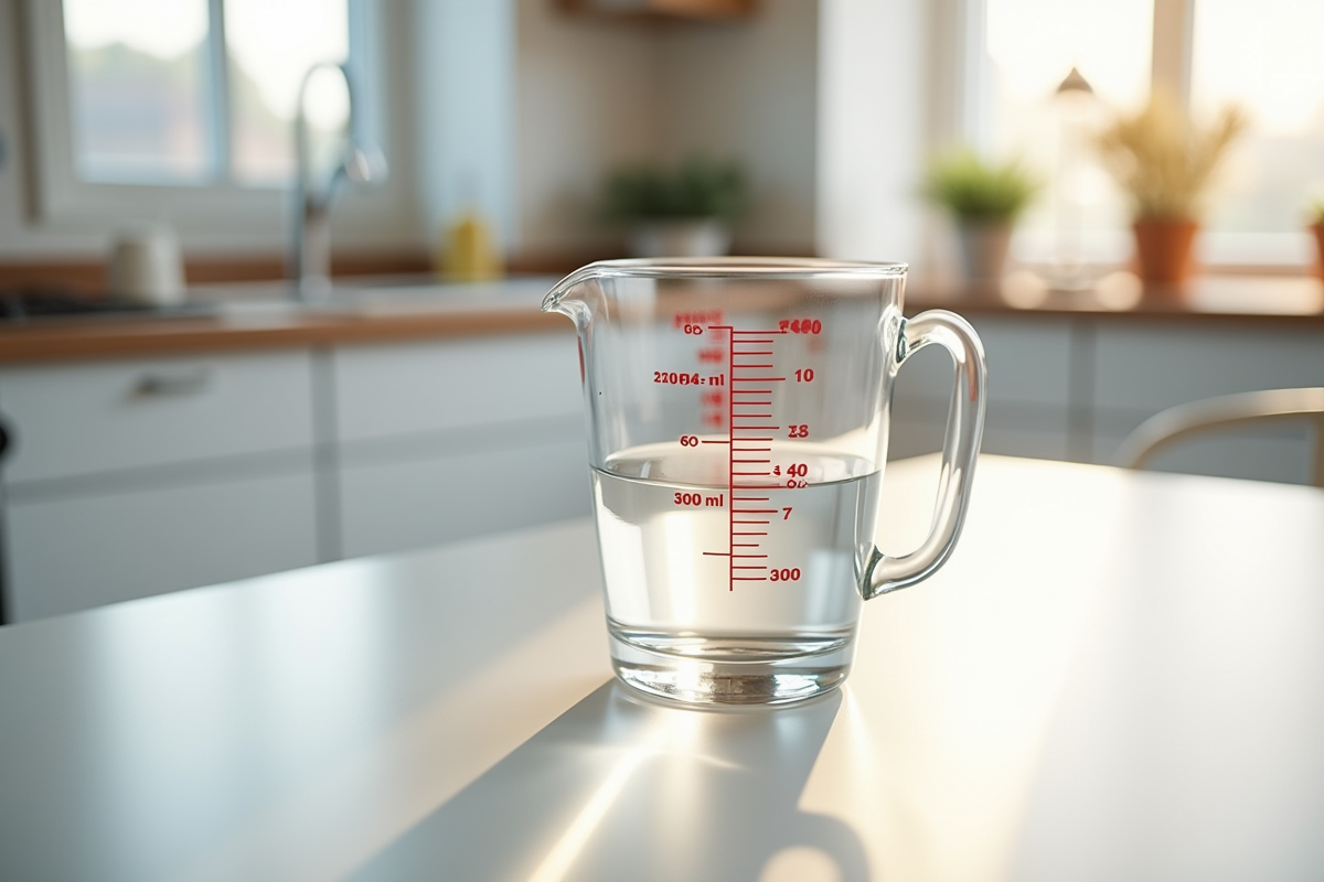 Gobelet de mesure de 300 ml en gros plan dans une cuisine moderne