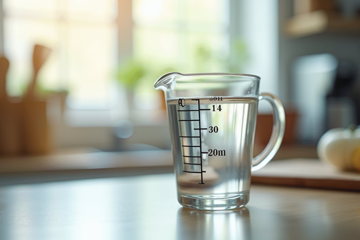 Verre mesureur avec 30 ml deau en cuisine lumineuse