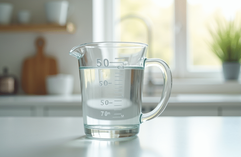 Verre mesure d'eau sur plan de travail lumineux