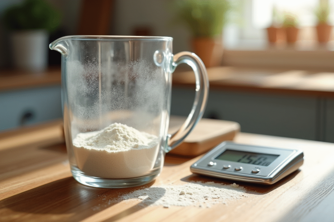 Verre mesureur rempli de farine sur plan de travail en bois