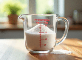 Verre mesureur rempli de sucre blanc en cuisine