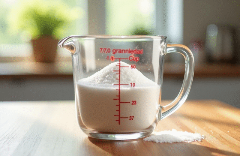 Verre mesureur rempli de sucre blanc en cuisine