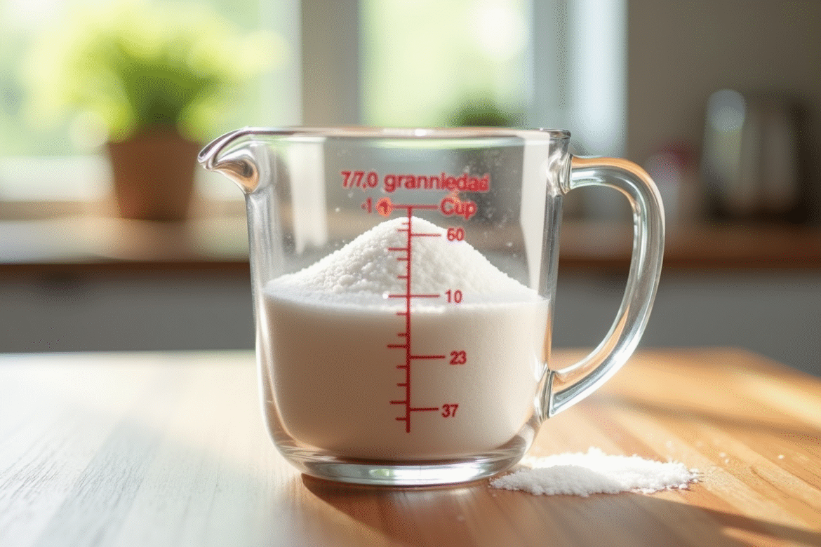 Verre mesureur rempli de sucre blanc en cuisine