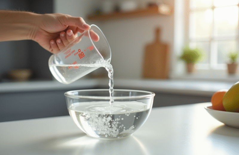 Versement précis de 300 ml d'eau dans un bol en cuisine