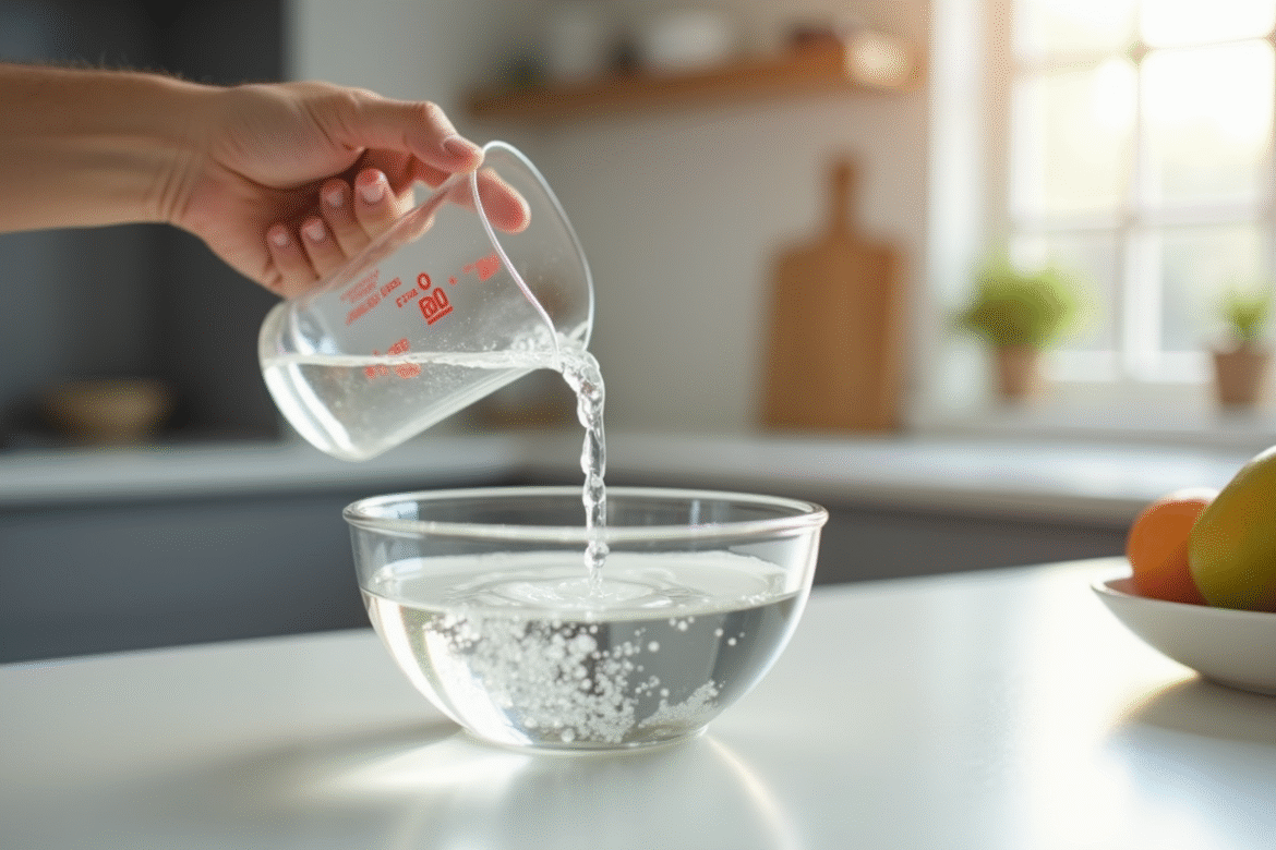 Versement précis de 300 ml d'eau dans un bol en cuisine