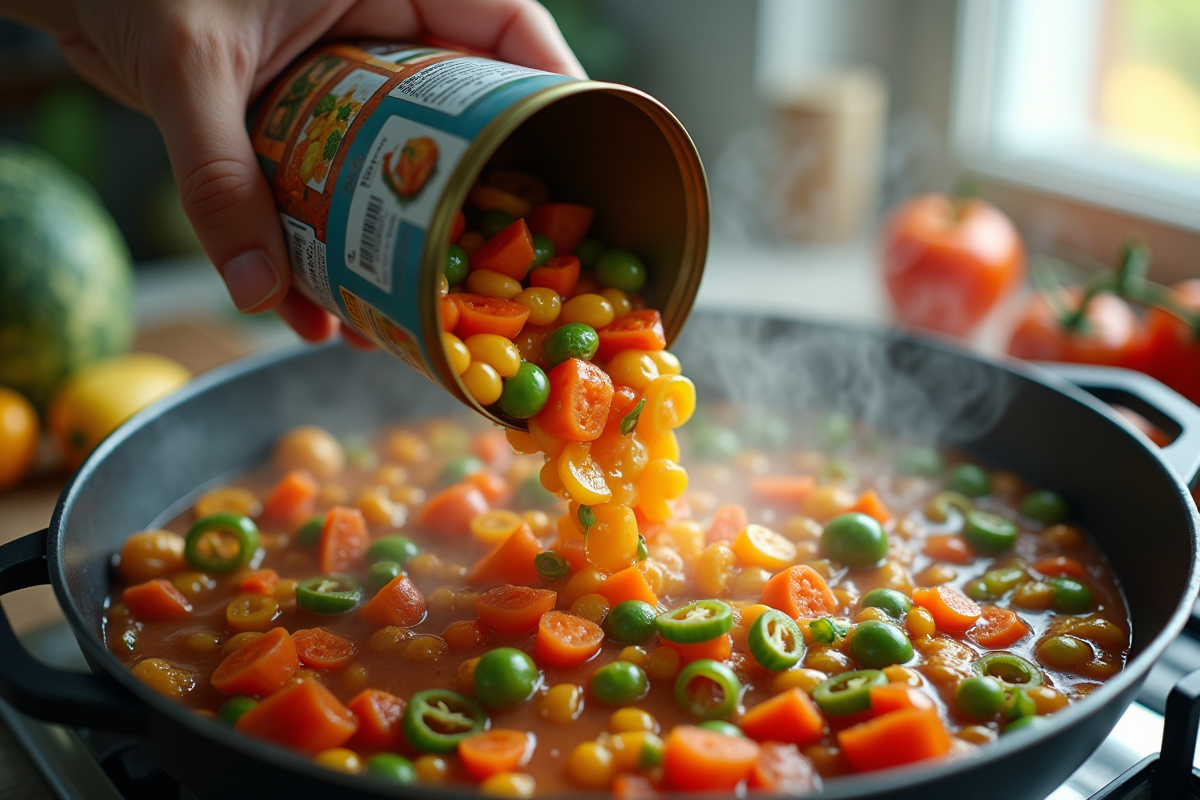 Versement de légumes en conserve dans une poêle en cuisine