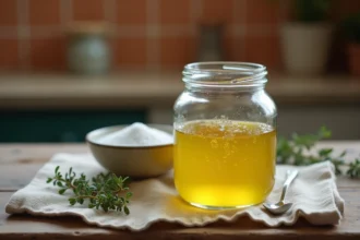Petit pot en verre de vinaigrette maison posé sur une table en bois rustique avec sel, moutarde et thym frais