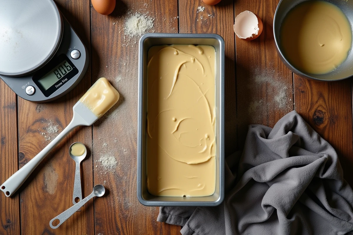Vue aérienne d'un moule à bûche avec ustensiles de pâtisserie et fiche de conversion des quantités pour génoise
