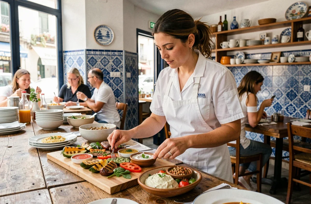 Chef arrangeant un plateau de mezzes grecs colorés au restaurant Yaya à Saint-Ouen